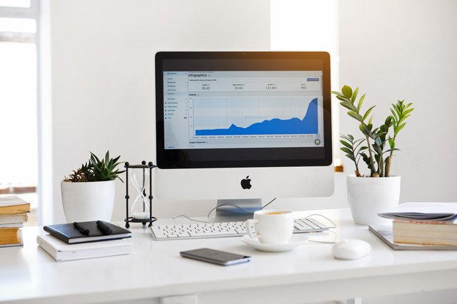 an imac sitting on top of a desk. financial graph on the screen